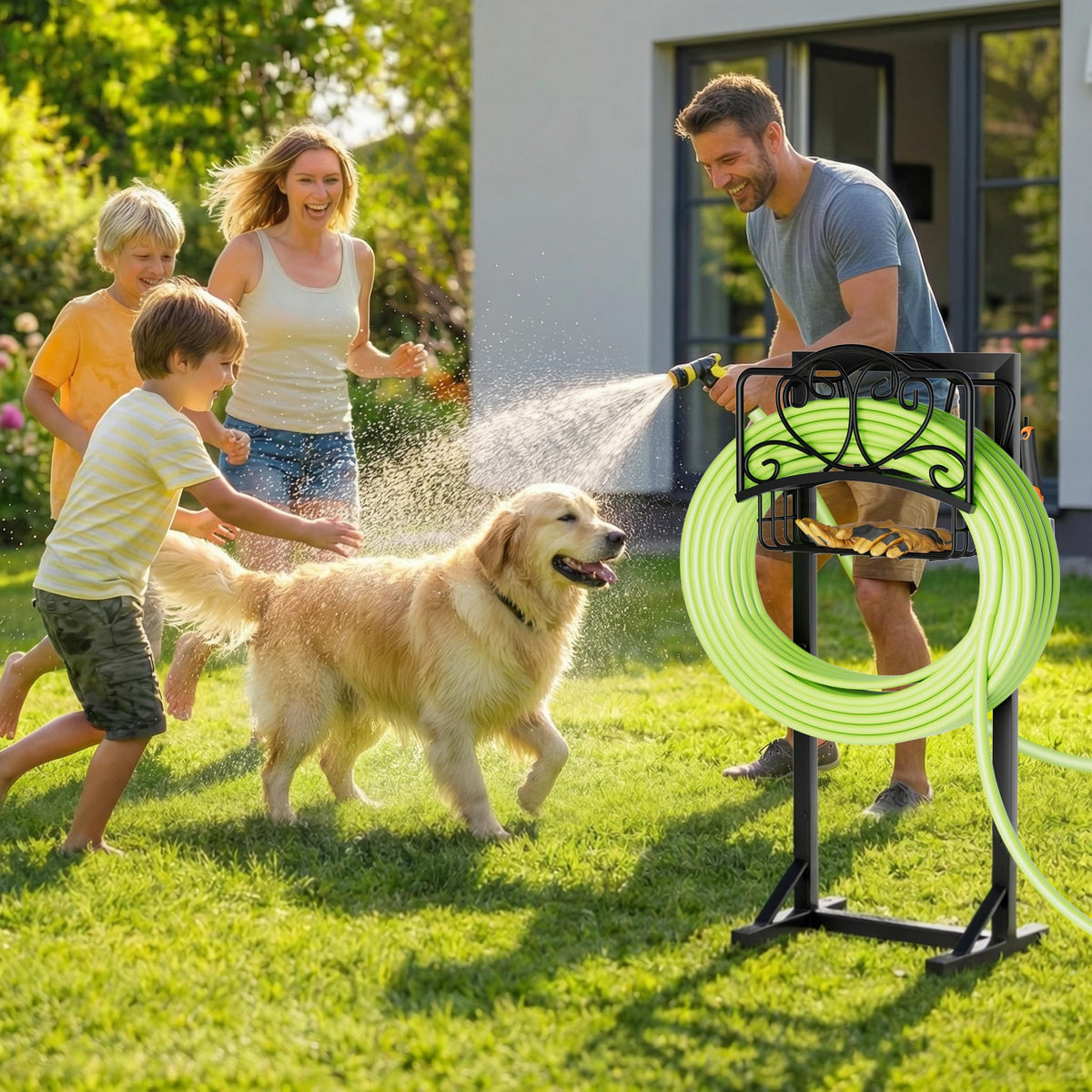 HXJLJY garden setting showing the hose holder in outdoor use