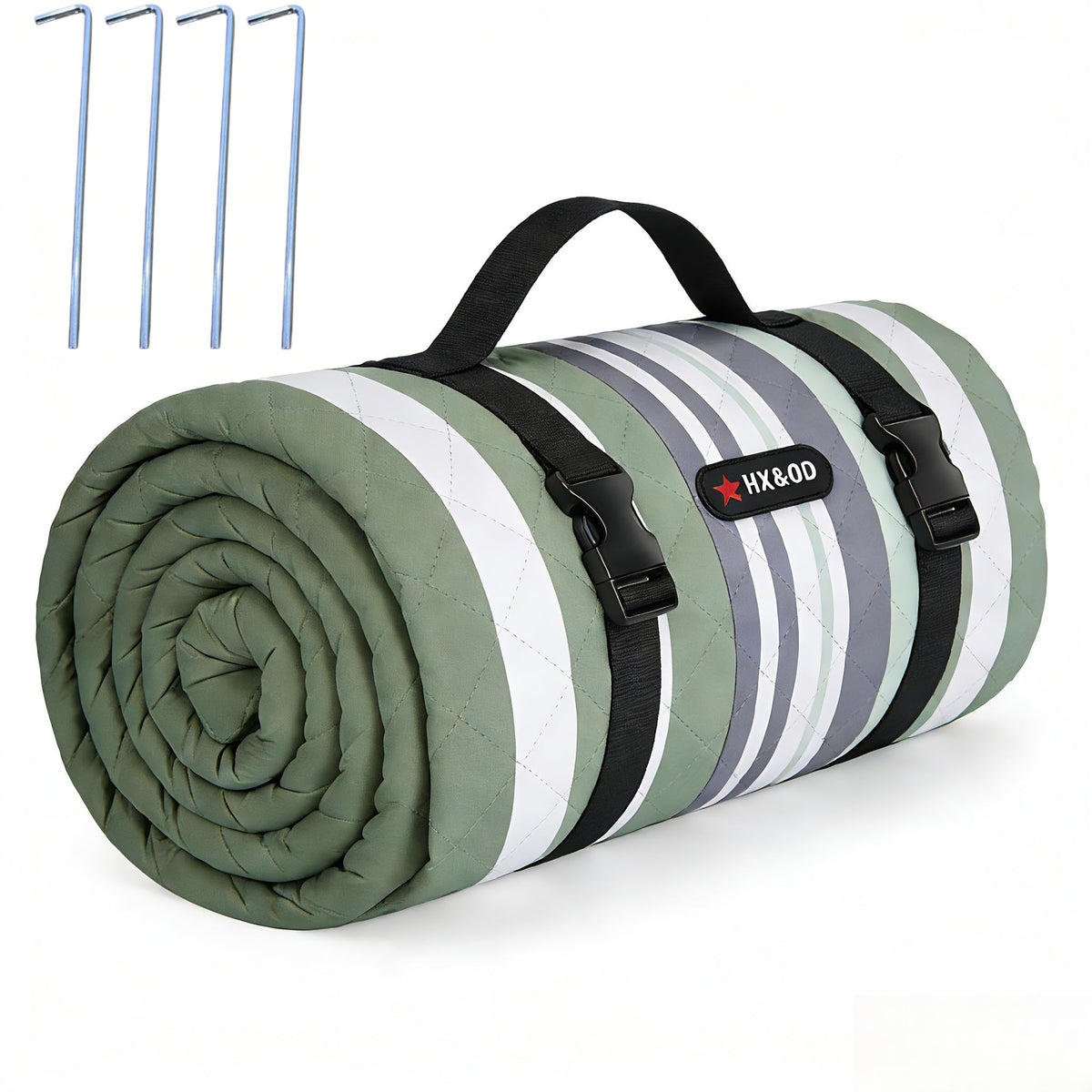 HX&OD picnic blanket folded compact for easy carry and storage.