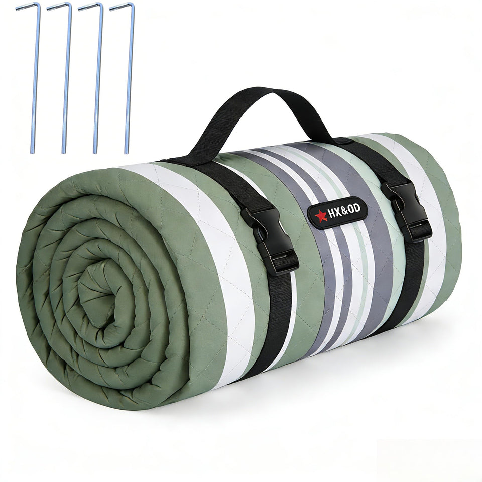 HX&OD picnic blanket folded compact for easy carry and storage.