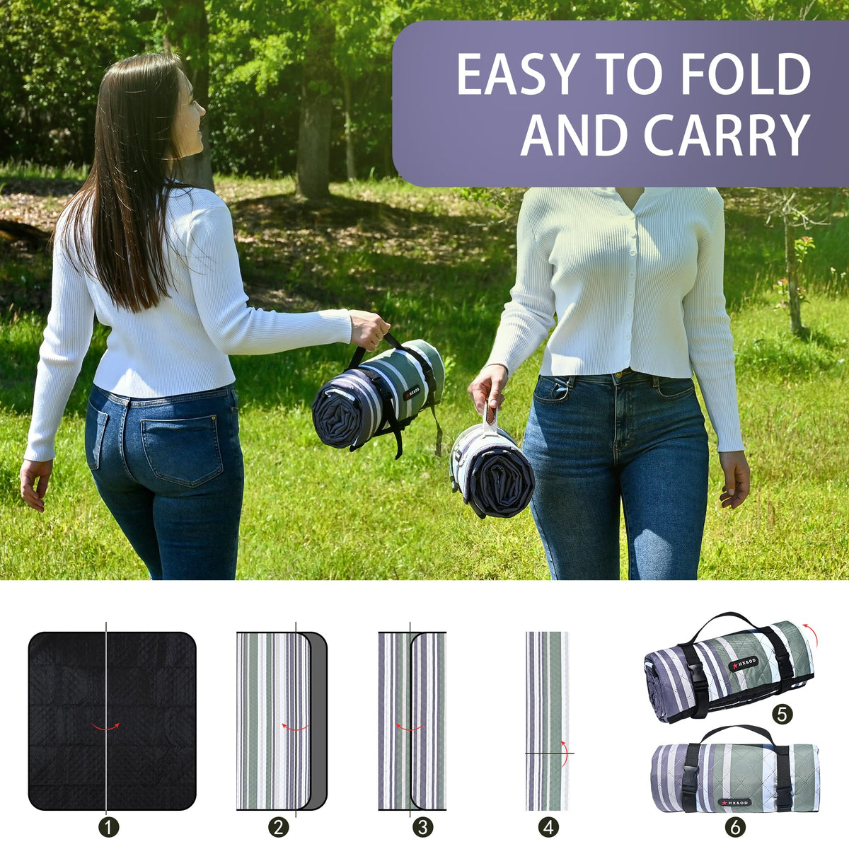 HX&OD picnic blanket with carry strap for effortless transport.
