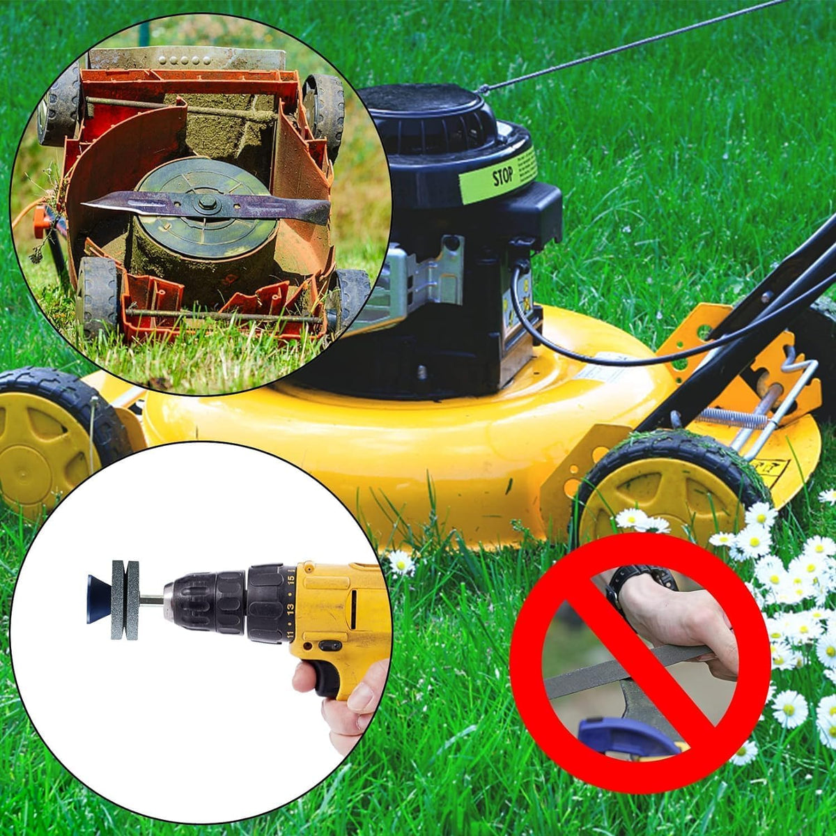 HXXF four piece blade sharpener set for lawn mower blades and garden tools