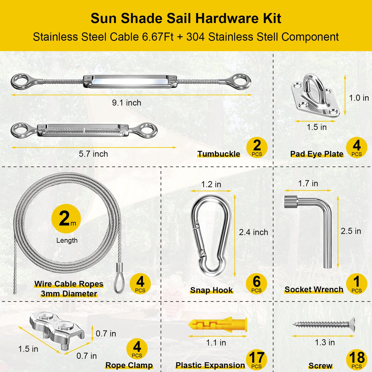 HYASIA 304 stainless steel turnbuckles provide strong, rustproof tensioning for shade sails.