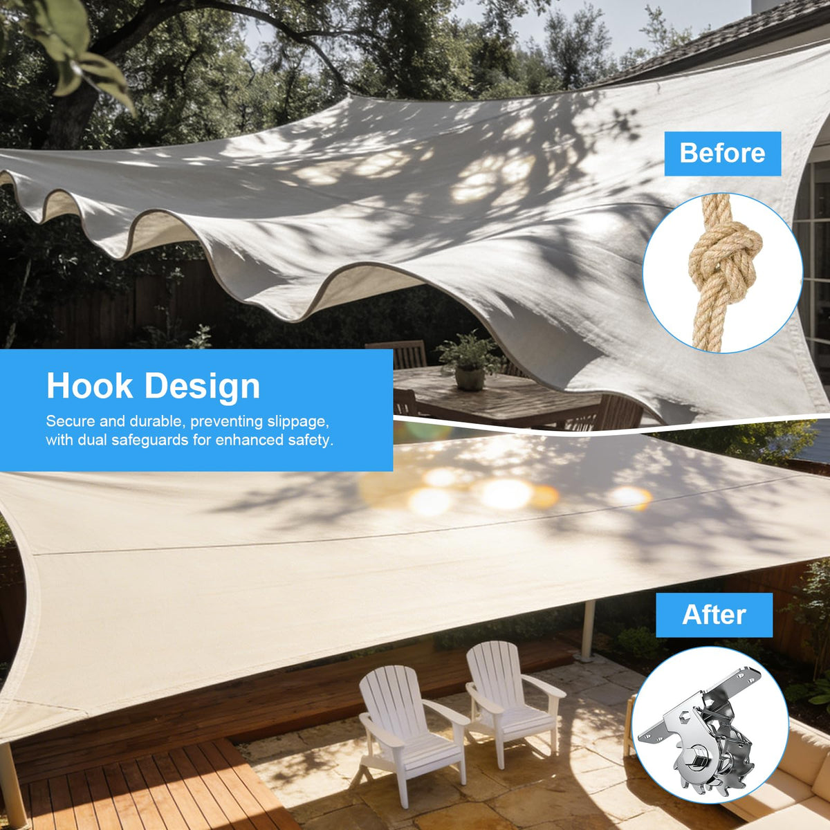 HYASIA rope clamps lock wires for stable, wrinkle-free shade sails.