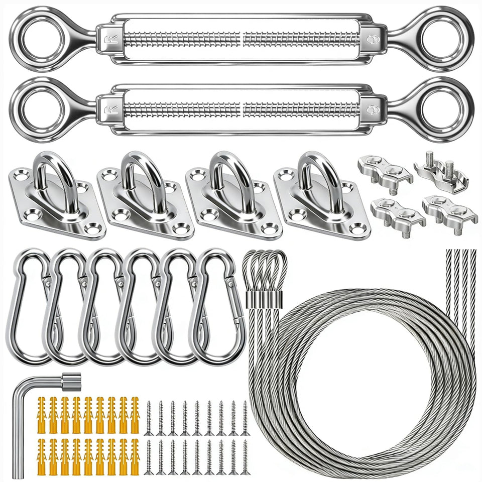 HYASIA shade sail hardware kit assembly demonstrates durable components for outdoor projects.