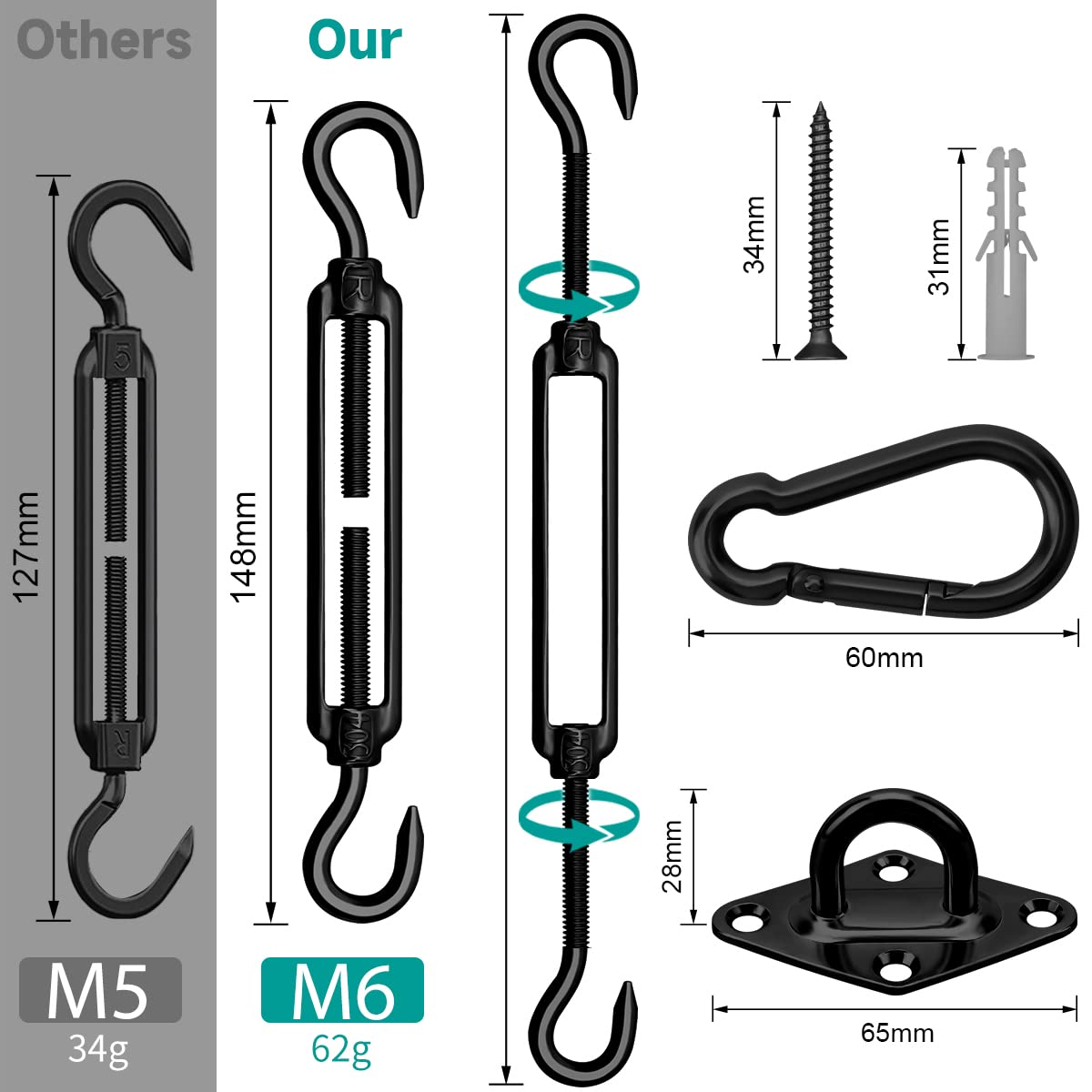 HYASIA adjustable turnbuckle highlights tension control for stable shade sail installation.