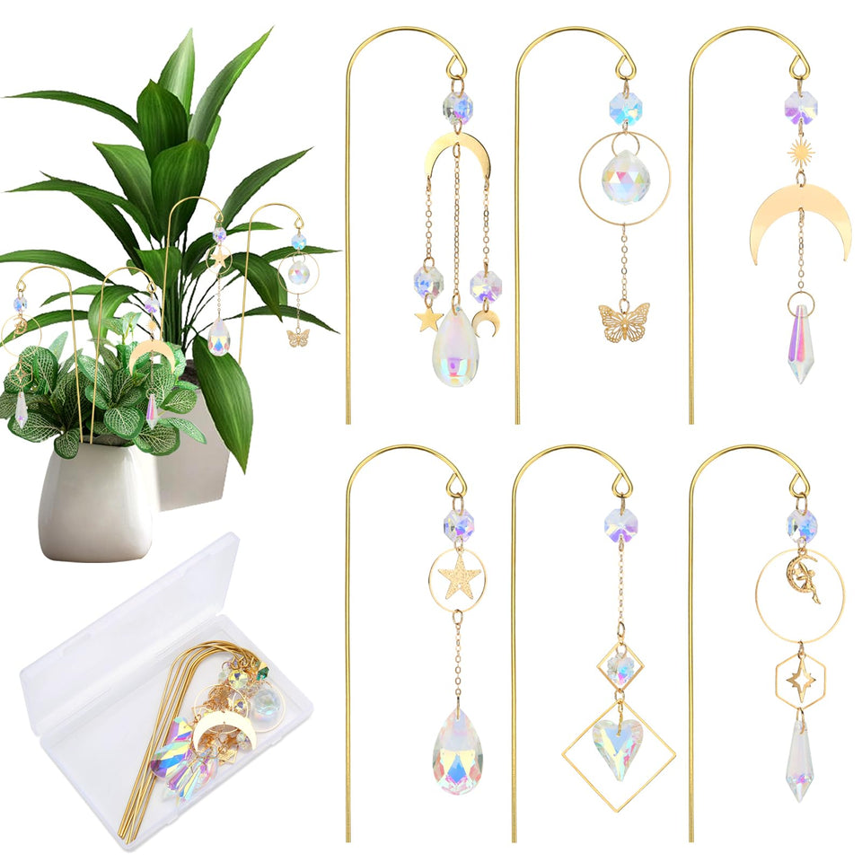HYBEADS crystal suncatchers on a plant stake casting vivid rainbows in sunlight.