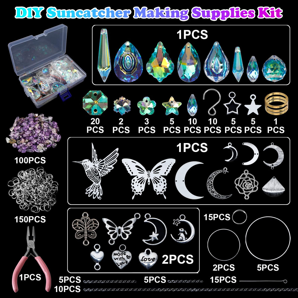 HYBEADS purple crystals with AB coating create vibrant rainbow reflections