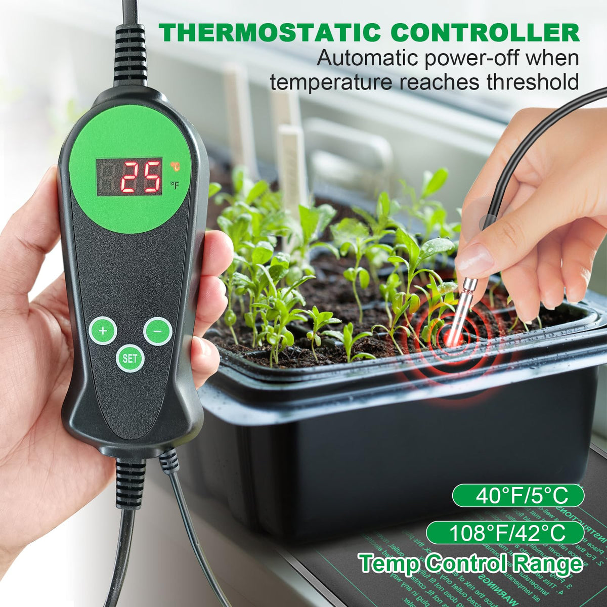 HYDGOOHO seedling heat mat digital controller display highlights precise temperature control.