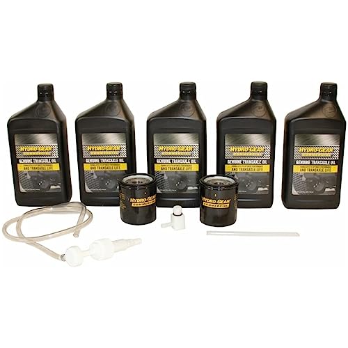 Hydro-Gear service kit contents showing oil, filters, and pump for easy maintenance.
