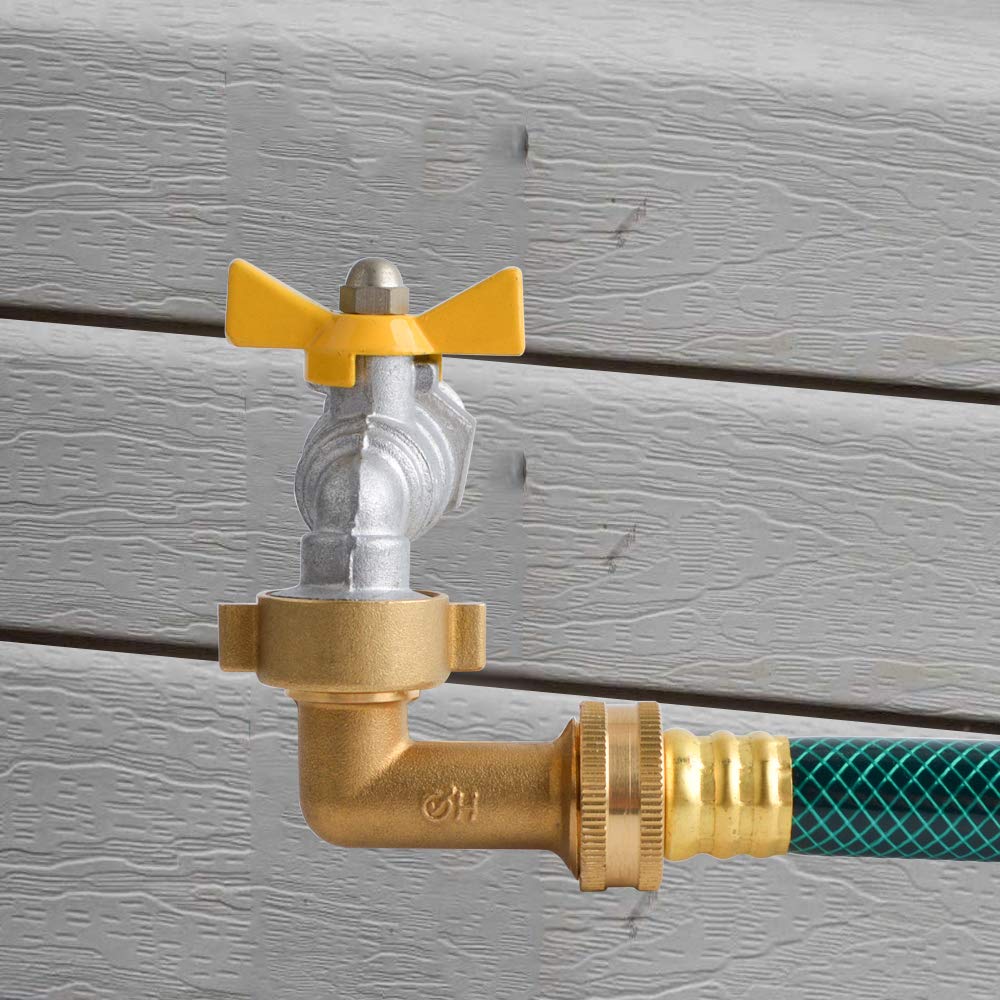 HYDRO MASTER brass hose elbow improves routing in tight outdoor spaces.