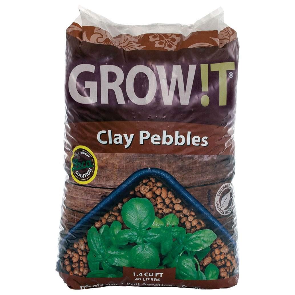 Hydrofarm GROW!T GMC40l clay pebbles in brown provide stable drainage and aeration for roots.