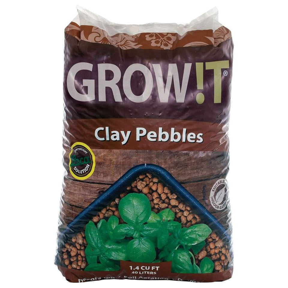 Hydrofarm GROW!T GMC40l clay pebbles in brown provide stable drainage and aeration for roots.