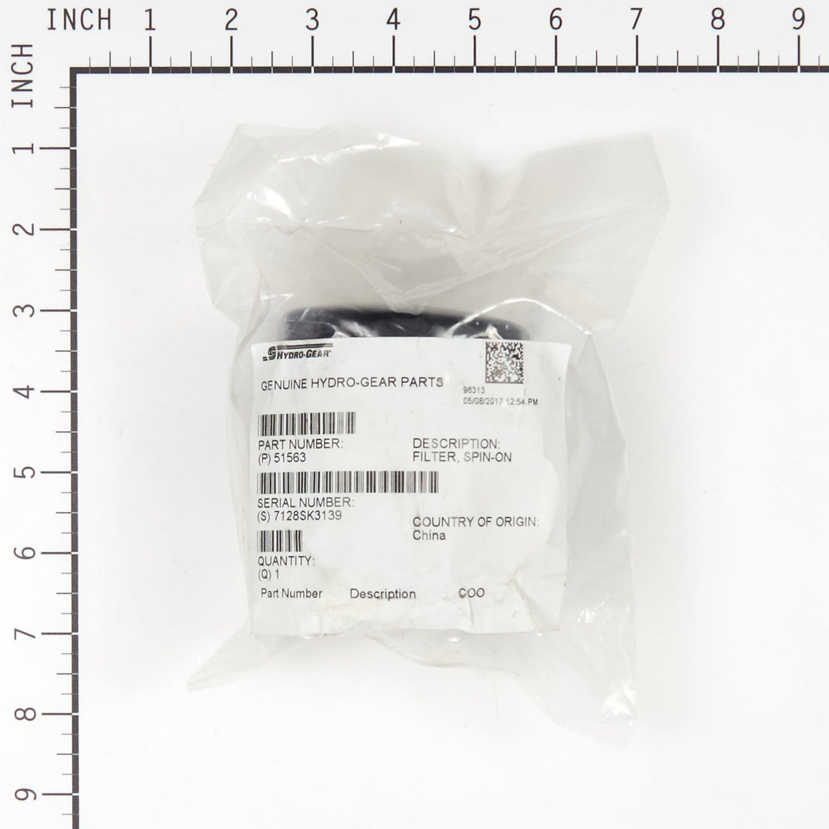 Hydro Gear 51563 transaxle oil filter, compatibility view, fits Exmark, Ferris, Husqvarna, and Toro.
