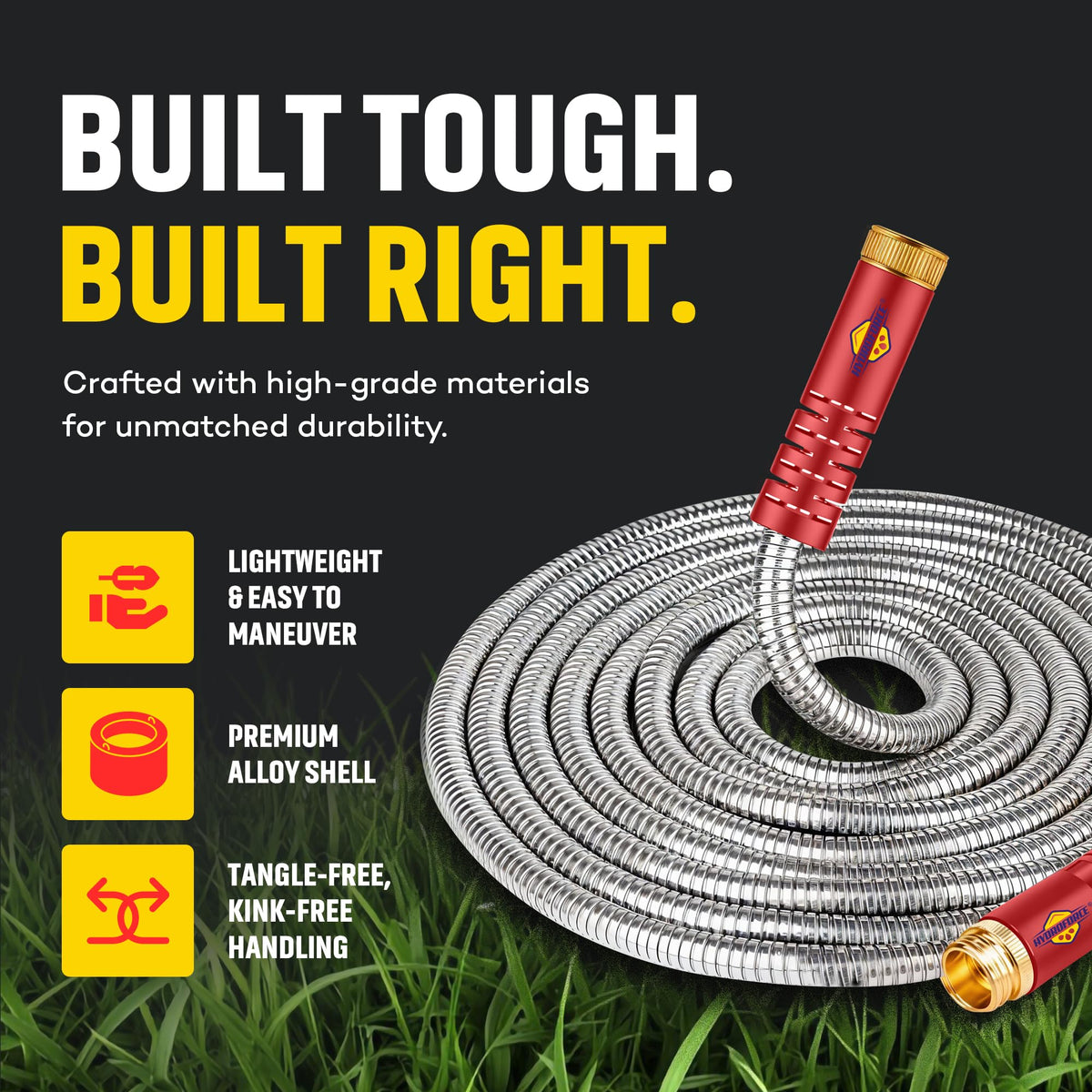 HydroPro heavy-duty metal garden hose with nozzle for versatile watering and cleaning.