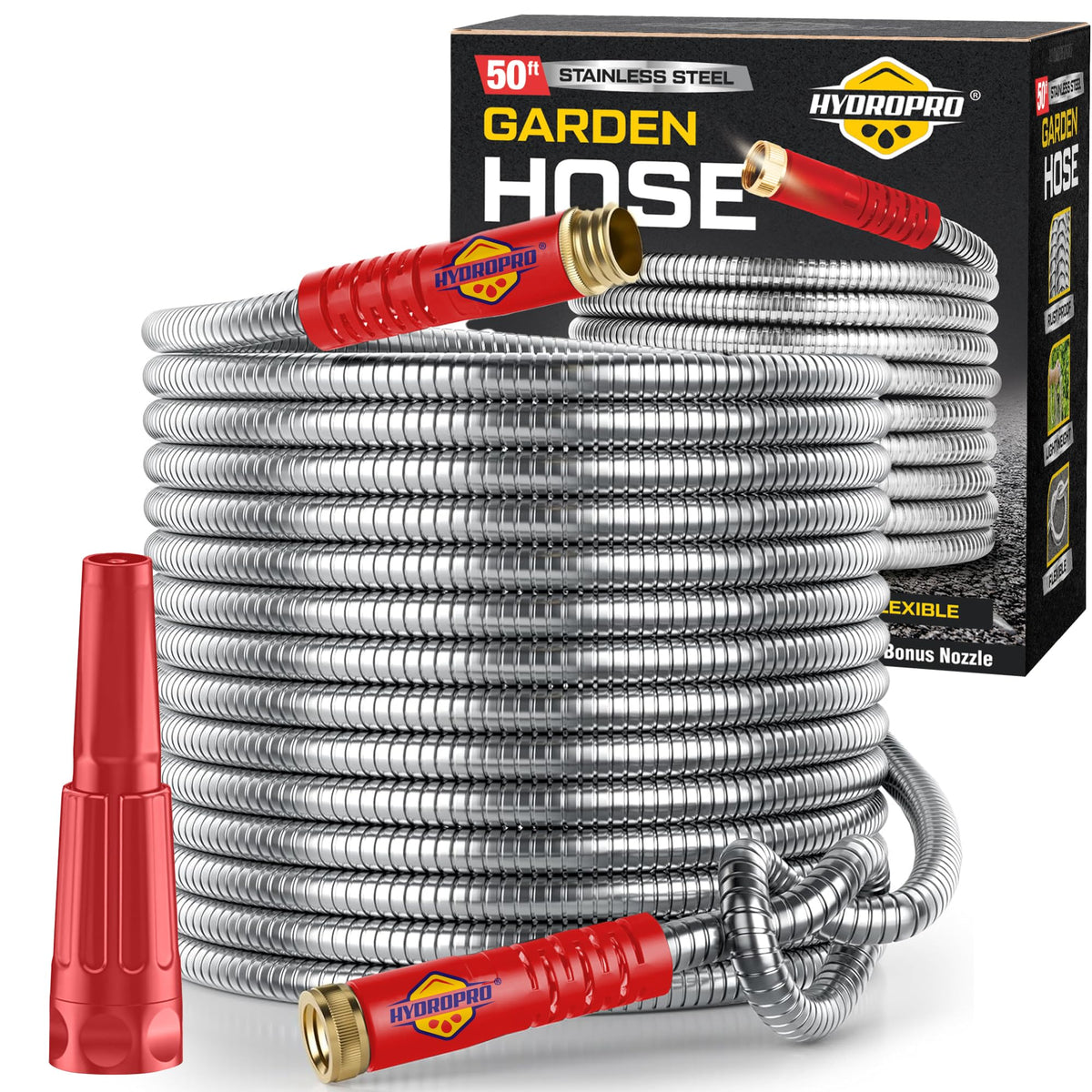 HydroPro stainless steel hose outer shell delivers durable outdoor performance.