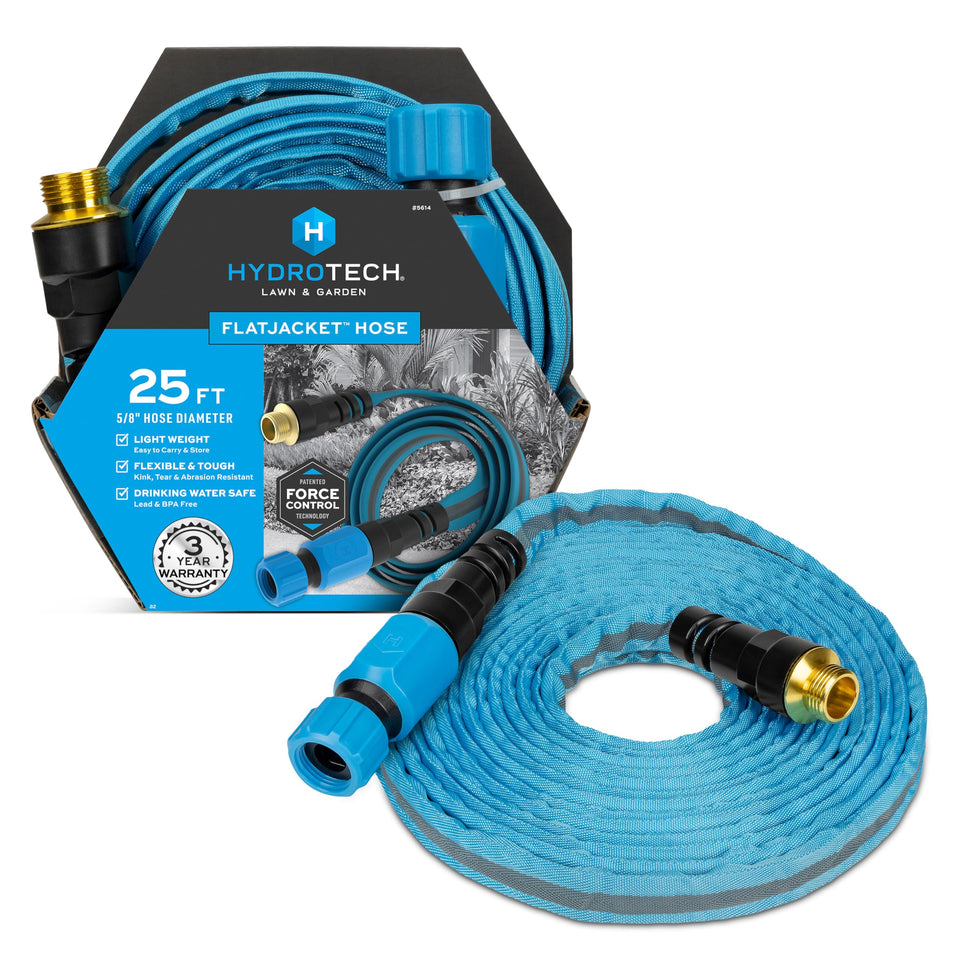 HydroTech FlatJacket kink-free 5/8-inch 25ft hose enables smooth watering.