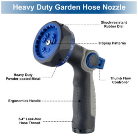 HYDROWE nozzle with 9 spray patterns covers plant care to patio cleaning.