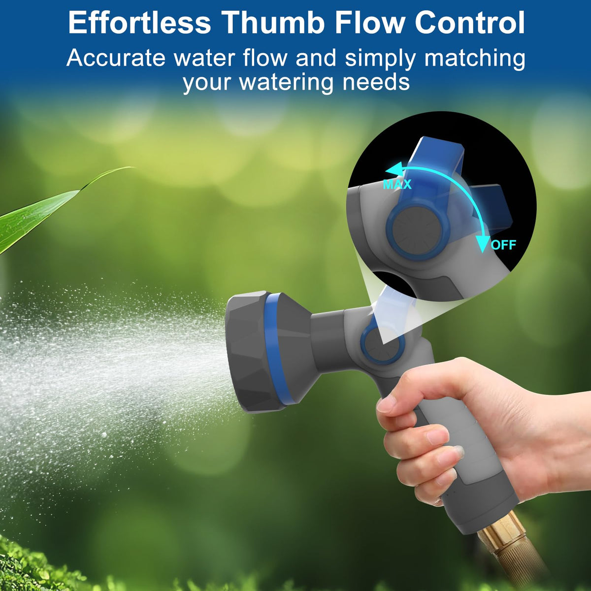 HYDROWE thumb flow control enables precise water adjustment.