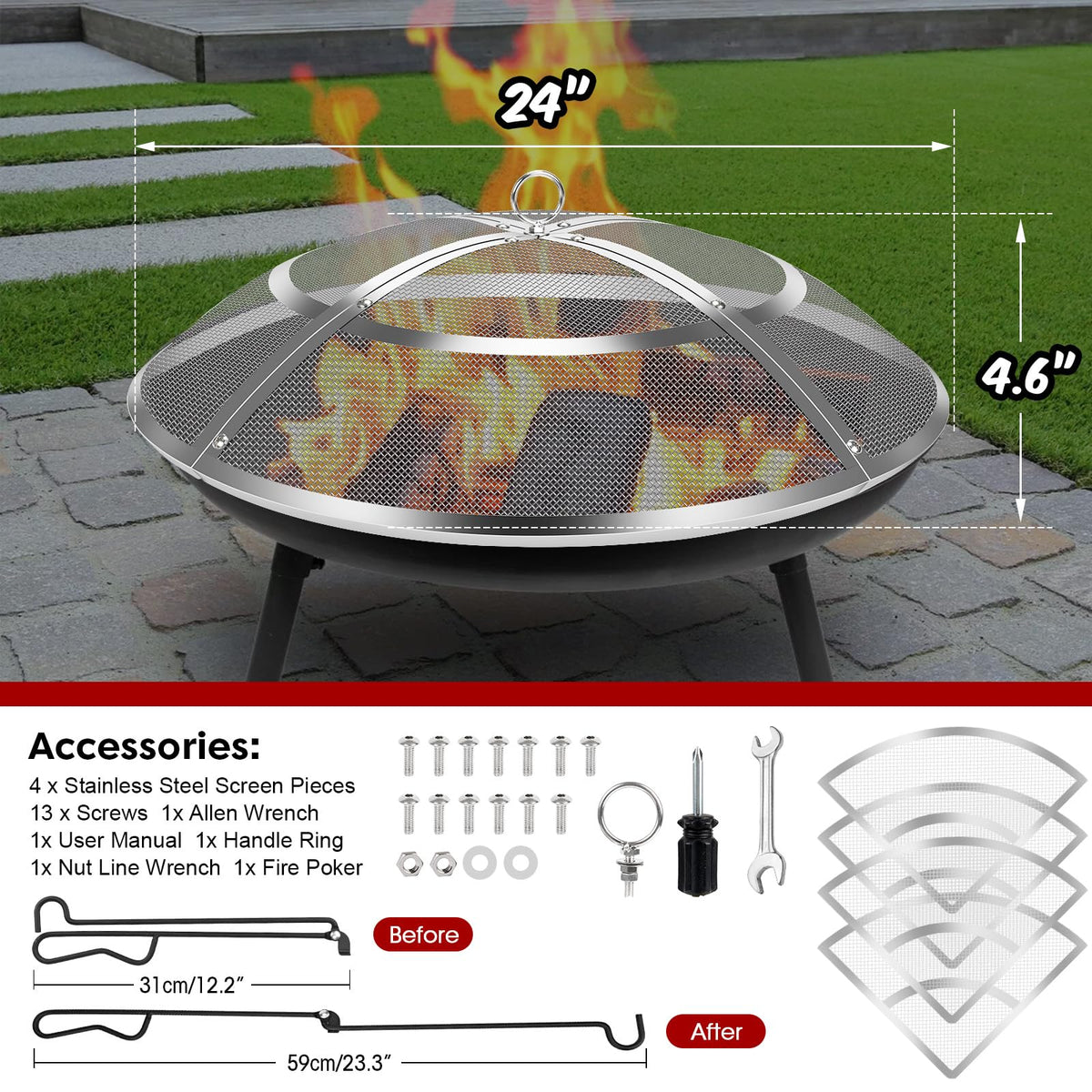 Hydream fire pit screen with handle enables easy placement and removal.