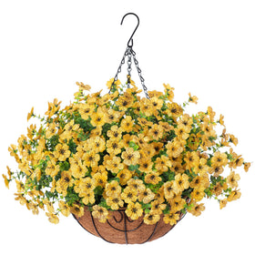 HyeFlora artificial fall hanging mums basket for durable porch decor.