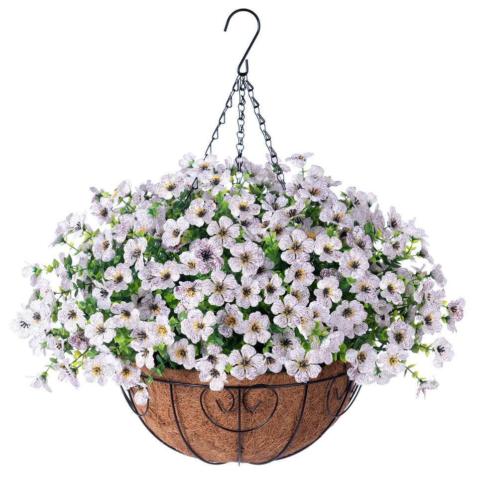 HyeFlora hanging daisy basket full view with lifelike UV-resistant faux flowers