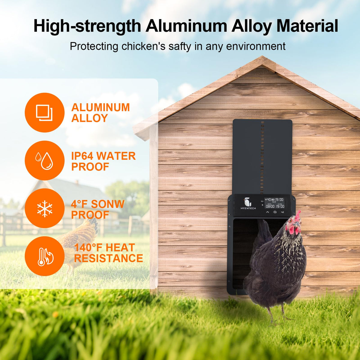 Hyentech durable aluminum frame keeps the door sturdy in harsh weather.