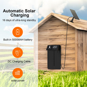 Hyentech solar panel powers the door for outdoor, weatherproof operation.