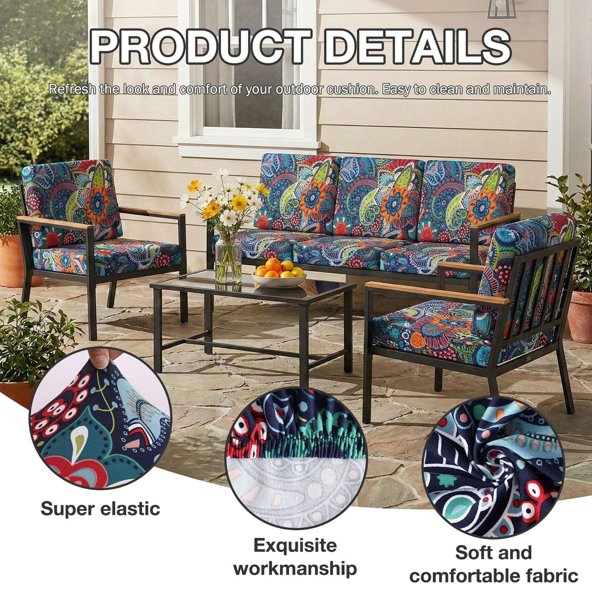 Hyha forest leaf pattern cushion cover side view on outdoor sofa