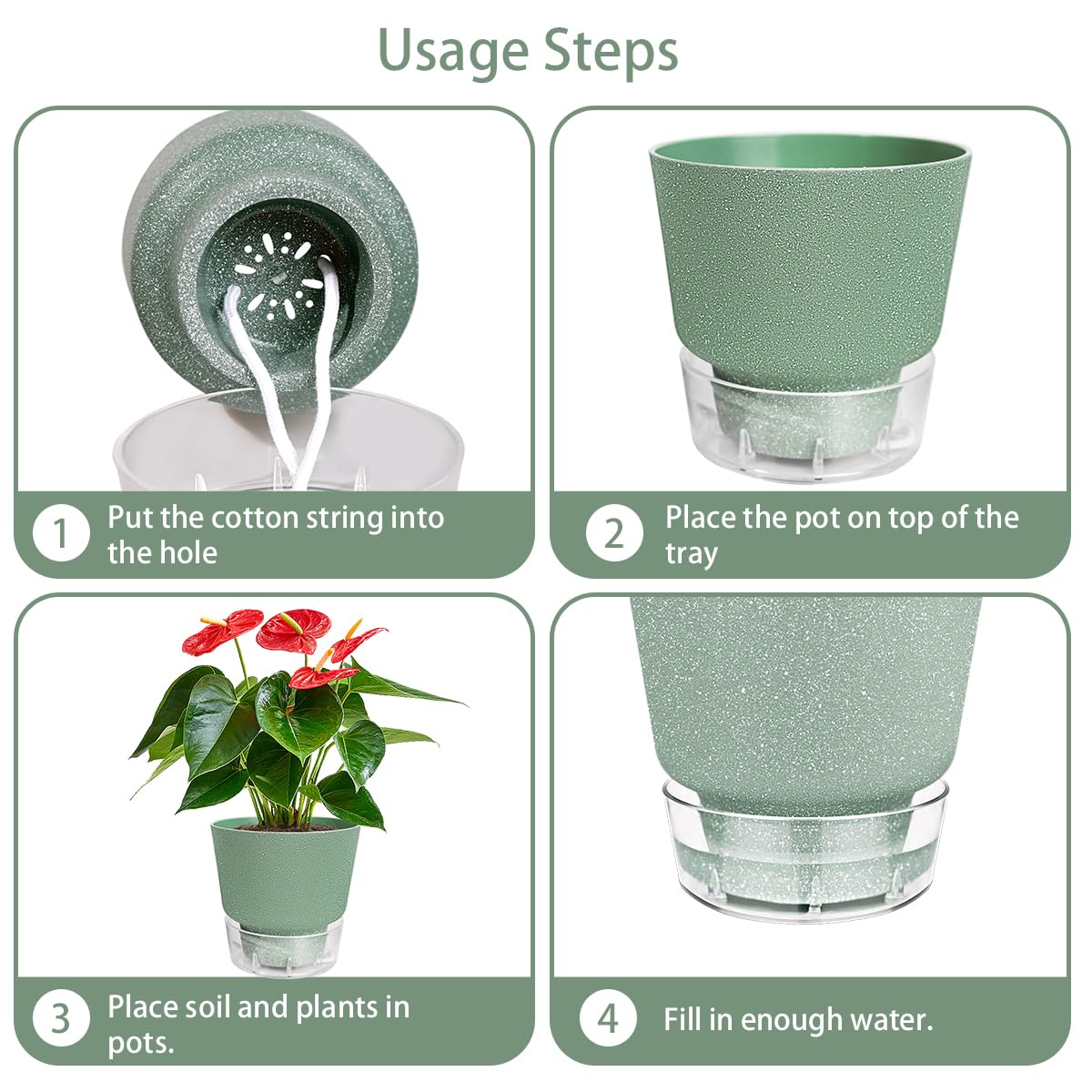 HYNZ planter with cotton rope watering system keeps soil evenly moist.
