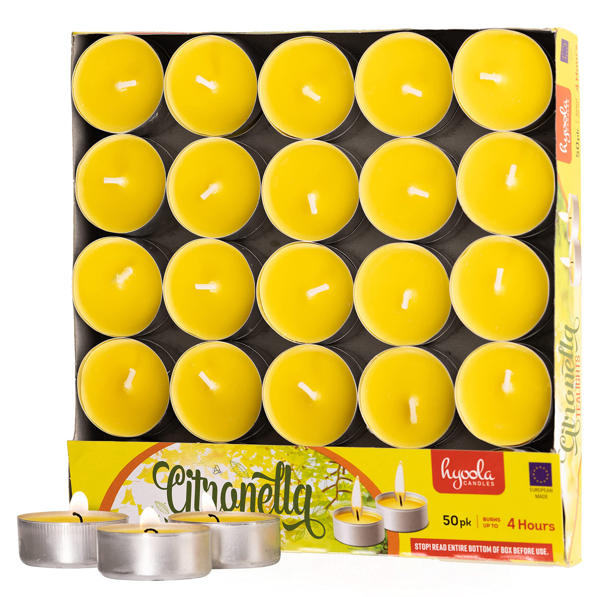 Hyoola Tealight Citronella Candle anti-mosquito with a 4-hour burn for evening outdoor use.