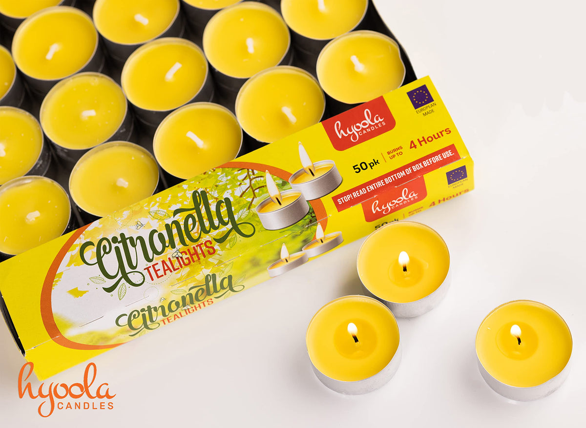 Hyoola Tealight Citronella Candle helps repel mosquitoes and gnats in open spaces.