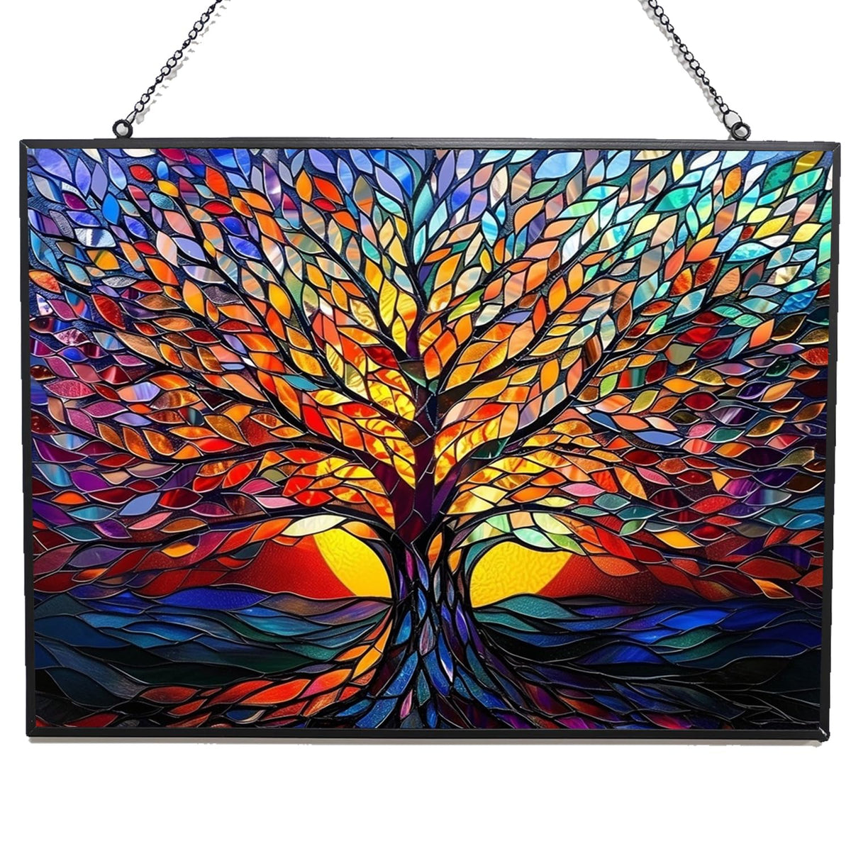 HYPESTYLE rectangle tree-of-life stained glass captures sunlight with vibrant colors.