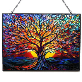 HYPESTYLE rectangle tree-of-life stained glass captures sunlight with vibrant colors.
