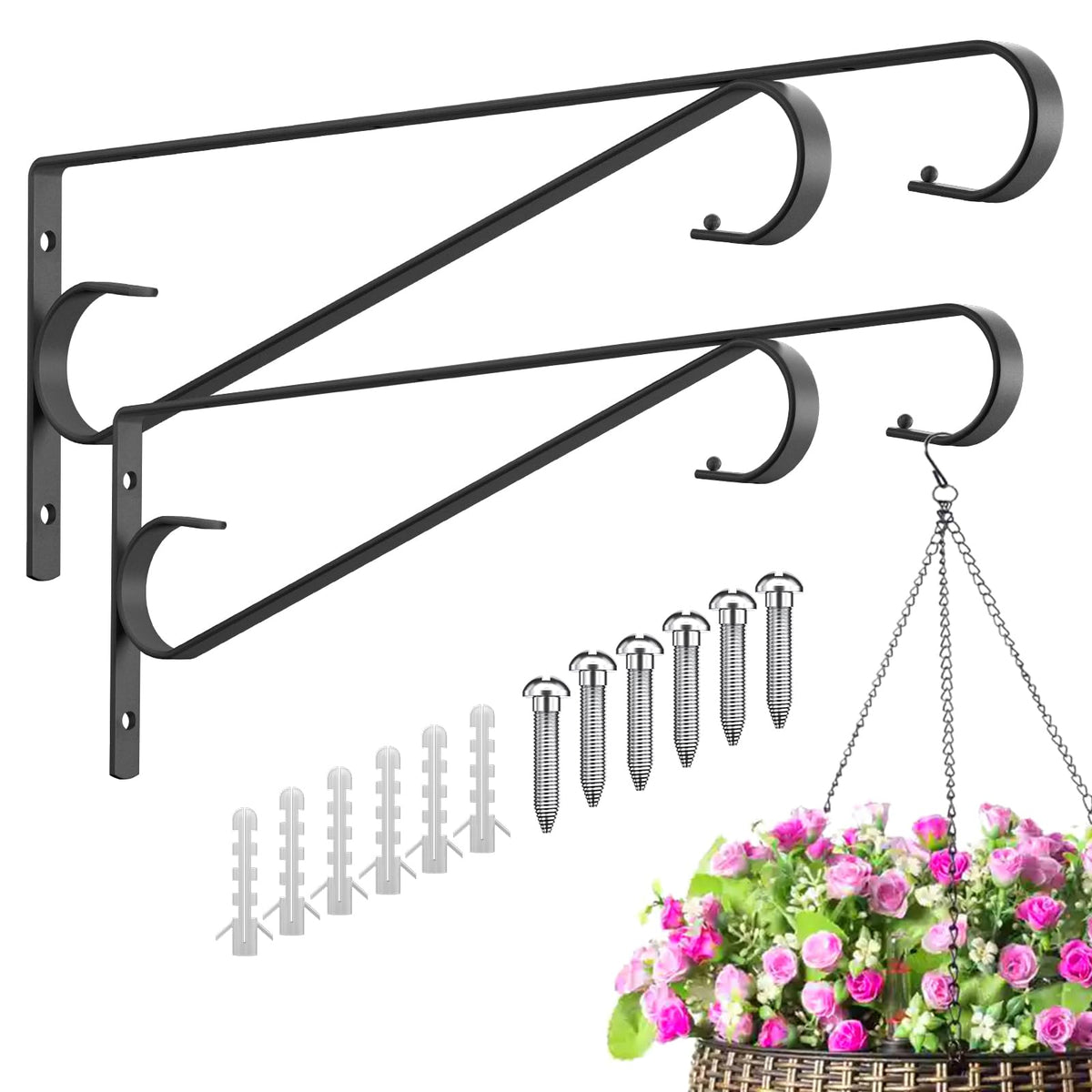 Hystun outdoor plant hanger image showing two-pack black wall hooks for pots.