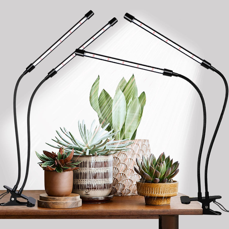 Hywyimlait dual-head black grow lights clipped to shelves for even plant coverage.