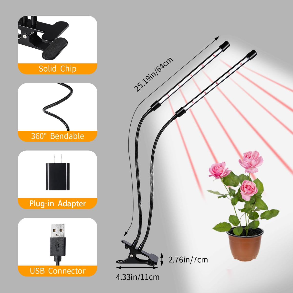 Hywyimlait flexible gooseneck enables 360-degree aiming toward target leaves.
