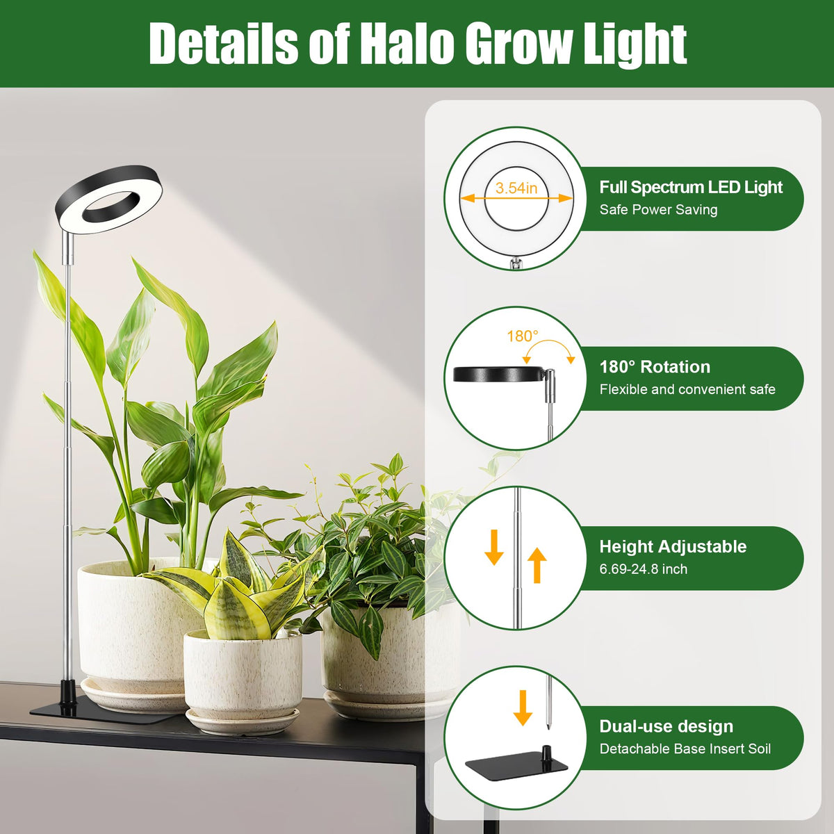 Hywyimlait Small Halo Grow Light with Telescopic Pole height adjustment for pots