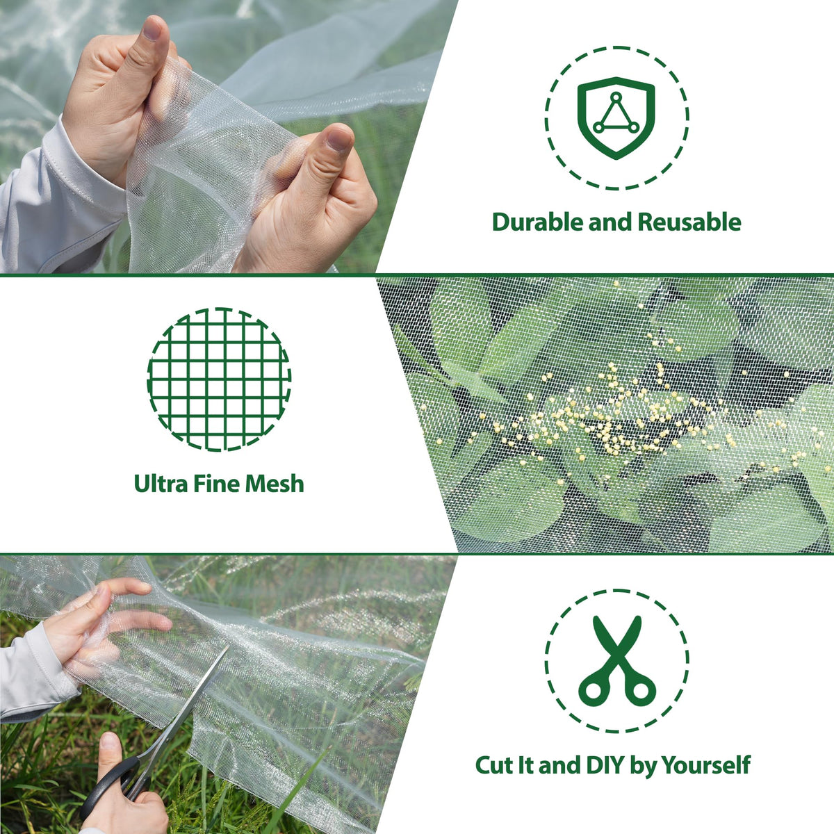 Hyxanons easy-drape netting that secures over plants with rocks or stakes, simple setup.