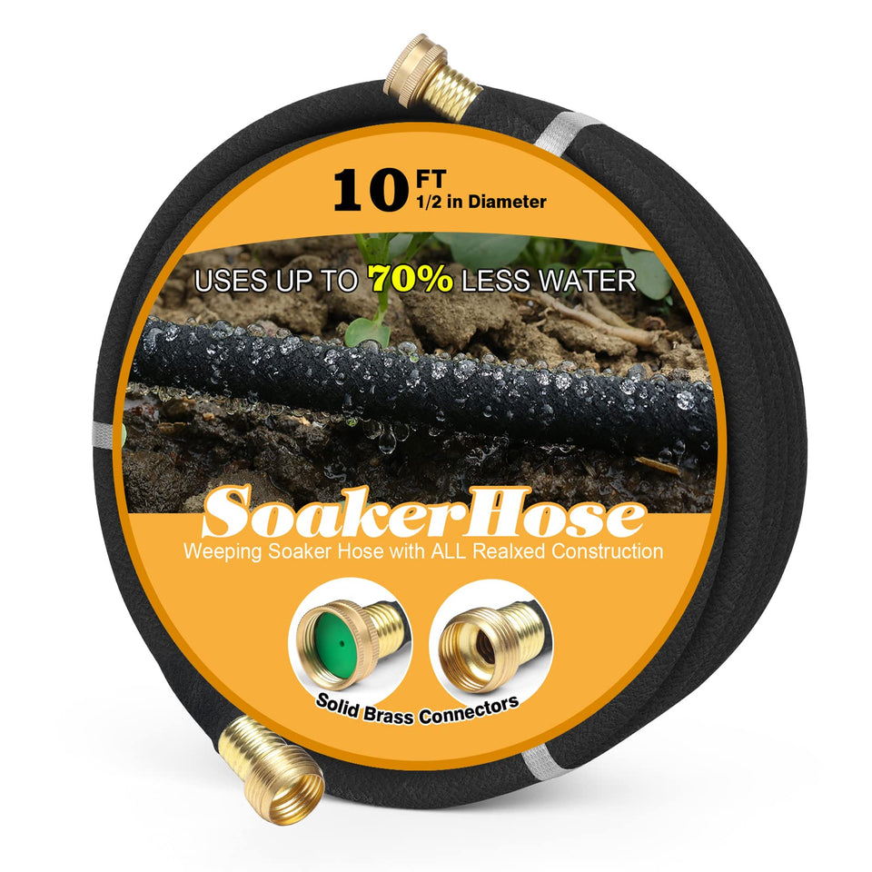 HZGREEN soaker hose with brass connector for durable garden irrigation.