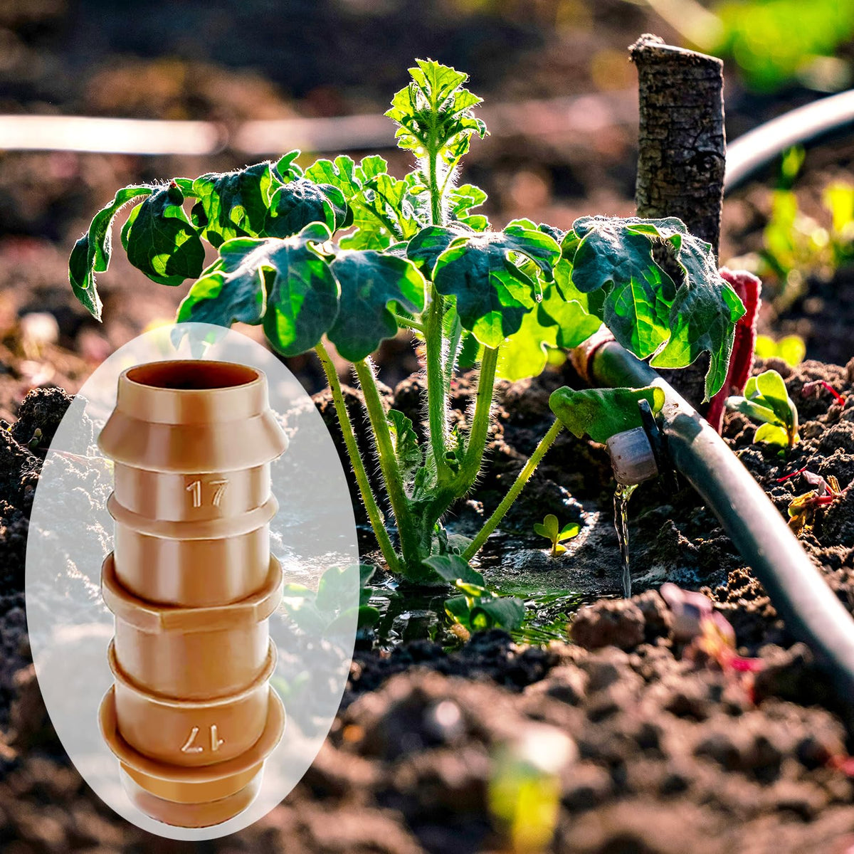 HZMM half-inch tubing coupler shown for quick, tool-free irrigation setup.