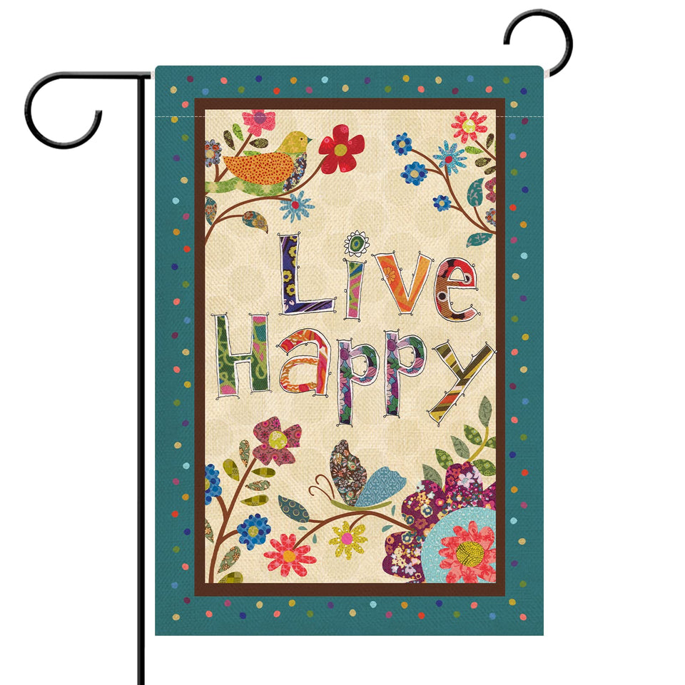 Hzppyz Live Happy flag with flowers and birds for charming outdoor decoration.