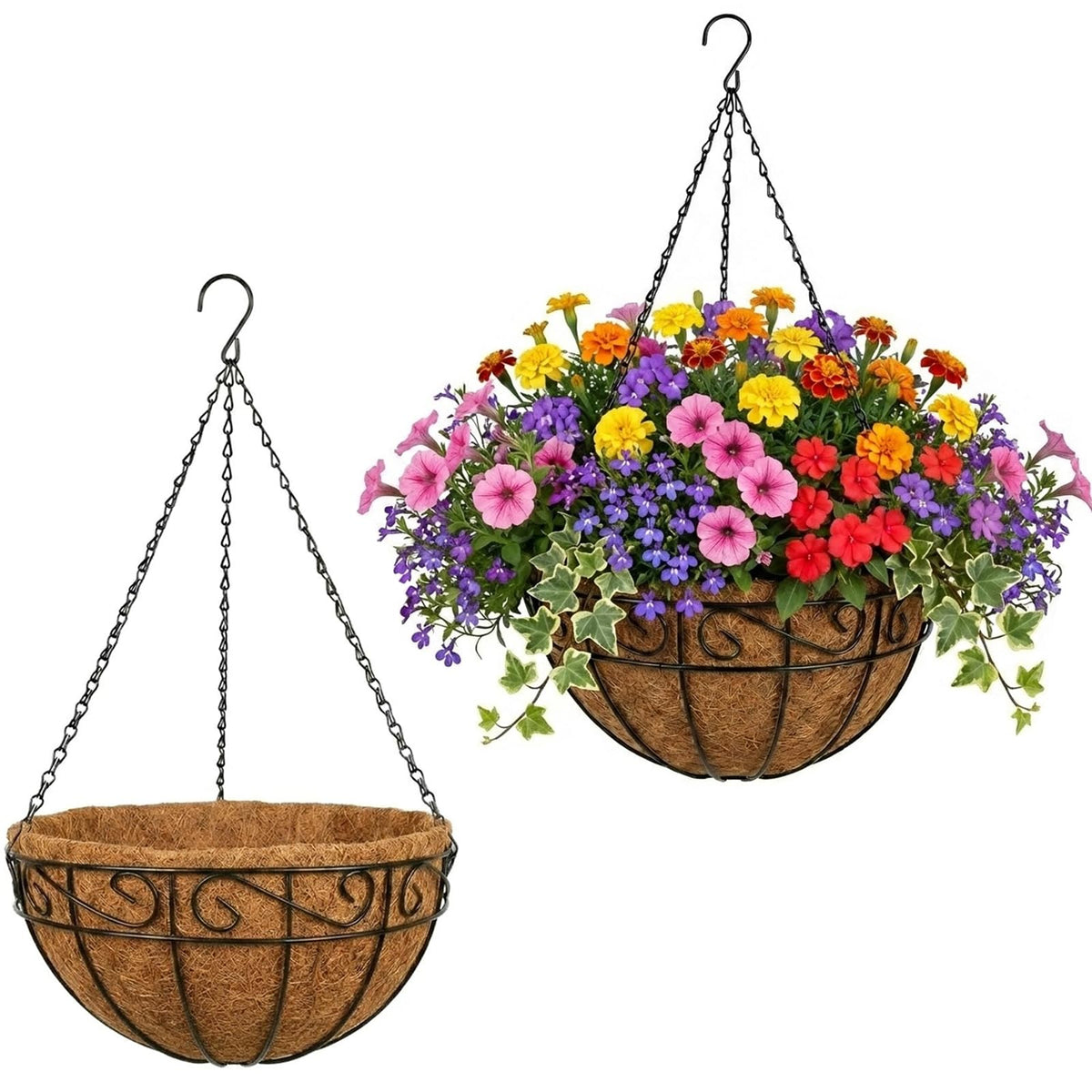 HZXXJCO 12-inch hanging basket in a durable metal frame for outdoor use.
