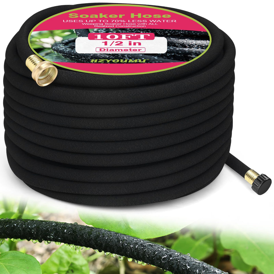 HZYOUMU round soaker hose with brass connectors for leak-free garden watering.