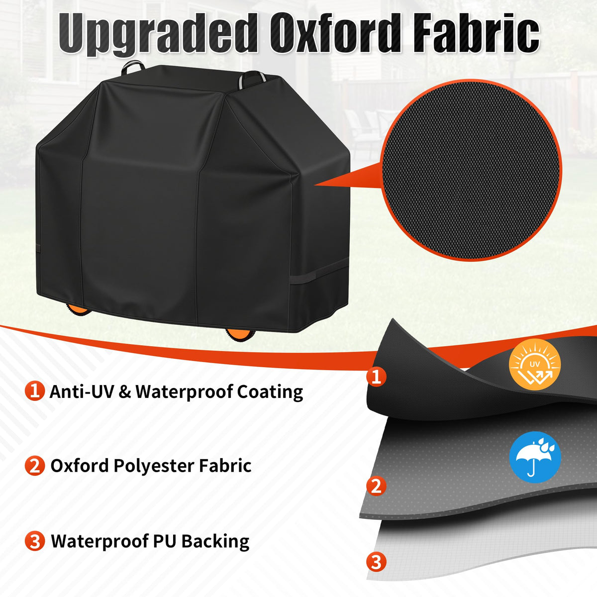 i COVER grill cover with adjustable straps provides a snug, wind-resistant fit.