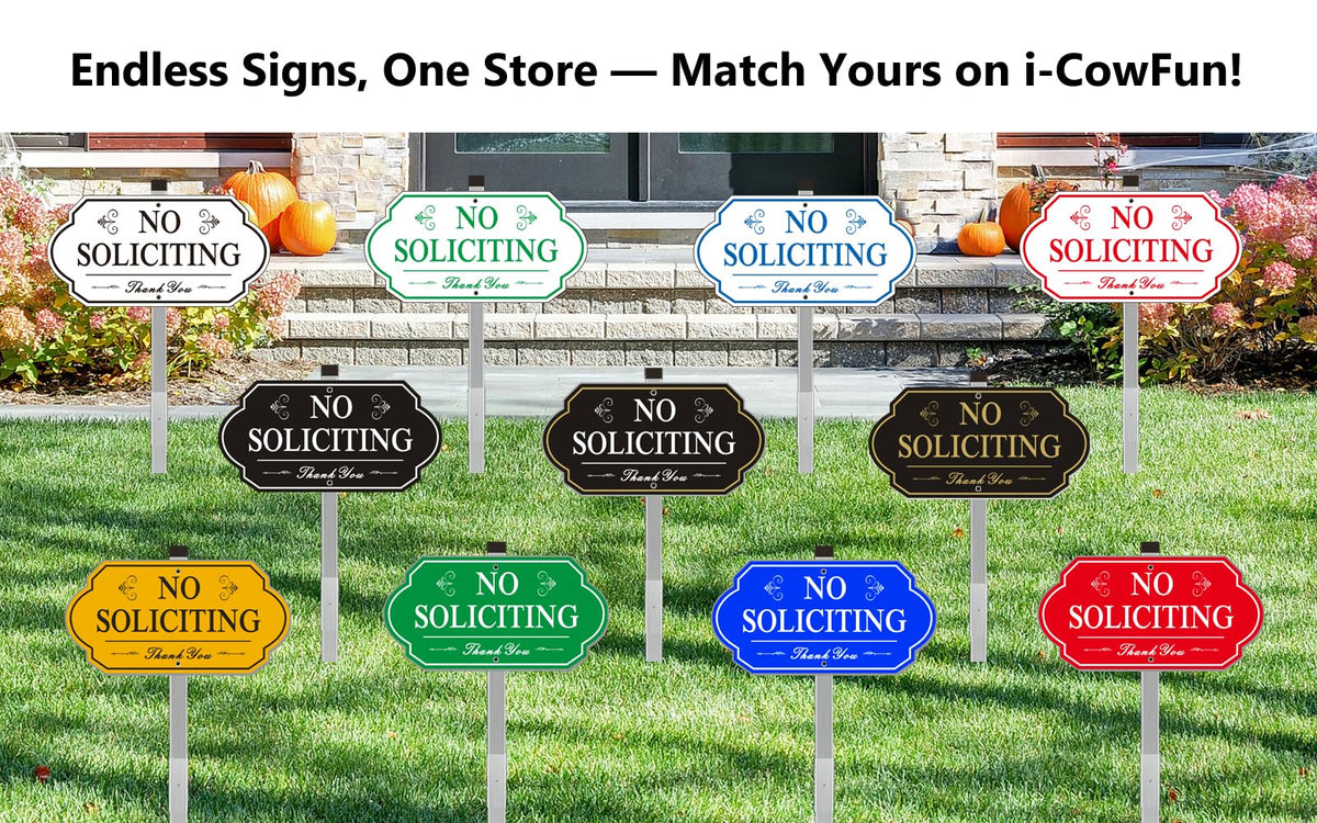 i-CowFun no soliciting sign with stake assembly showing 28 inch height for visibility