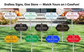 i-CowFun no soliciting sign with stake assembly showing 28 inch height for visibility