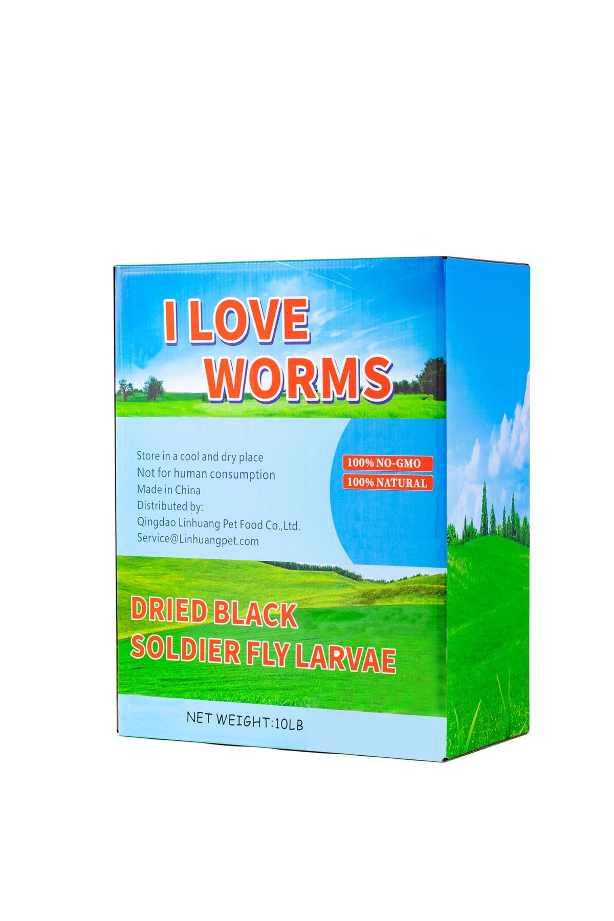 I LOVE WORMS BSFL dried larvae bag front, natural poultry treat.