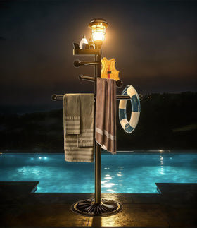 i365amz pool towel rack with solar light on top tray illuminates the deck after sunset
