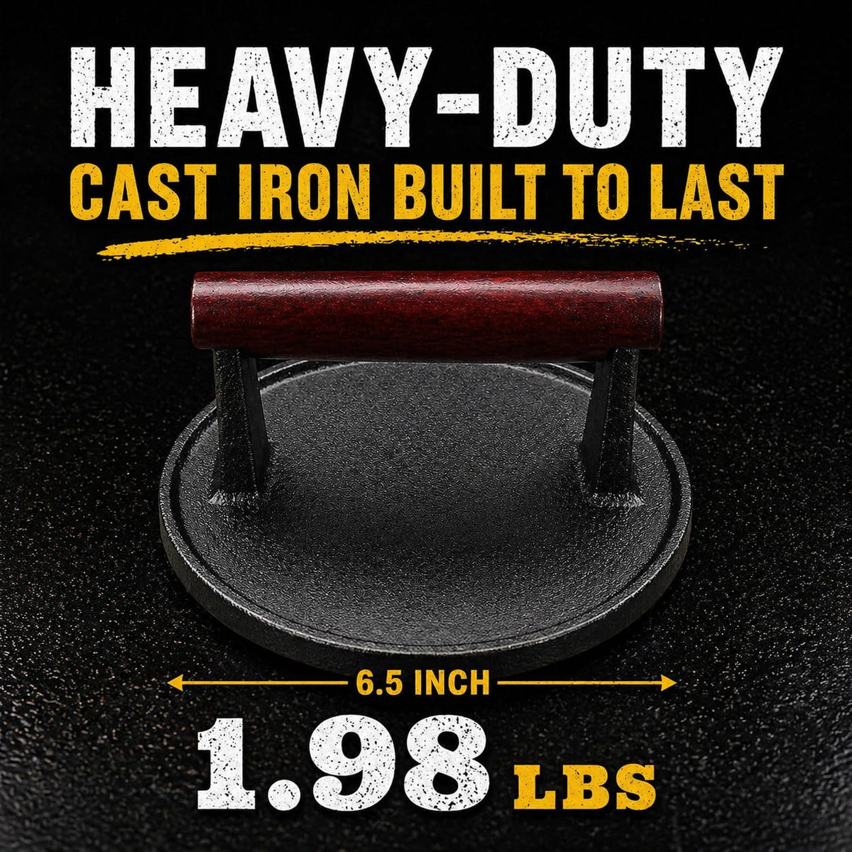 IAN's Cast Iron Burger Press flat surface demonstrates uniform thickness for even cooking.