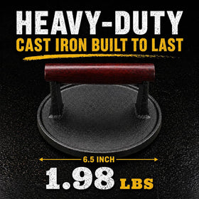 IAN's Cast Iron Burger Press flat surface demonstrates uniform thickness for even cooking.